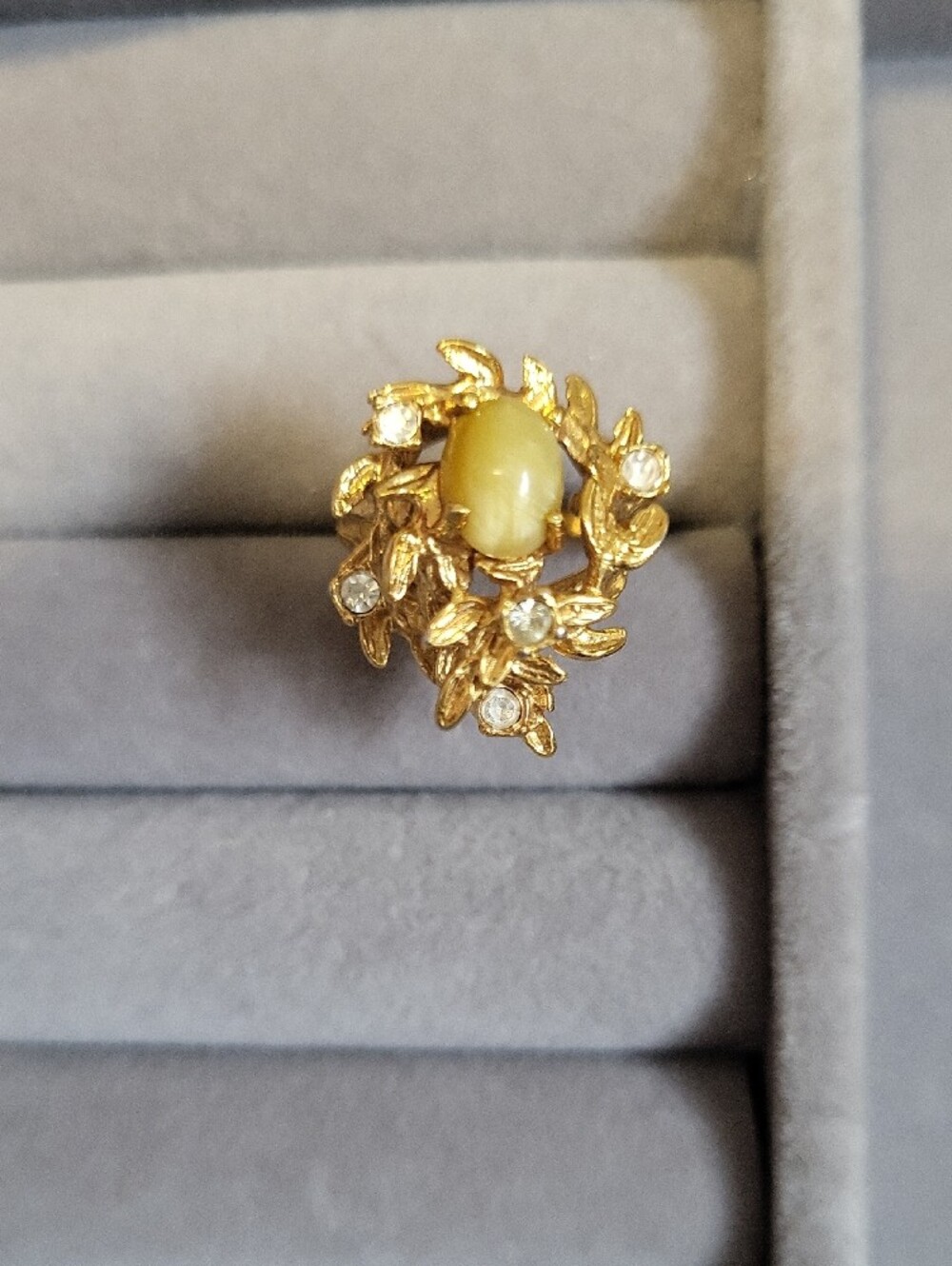 Vintage Tiger's Eye Cocktail Ring 18KT Gold Plate Rhinestones Size 6